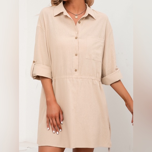 Drawstring Half Button Roll-Tab Sleeve Dress - Picture 3 of 5